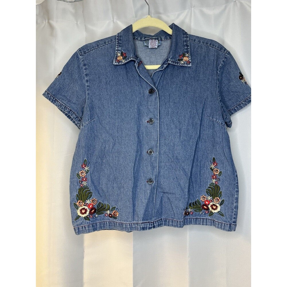Vintage 90s Embroidered Floral Chambray Denim Shirt  Cottagecore Button Up Fairy